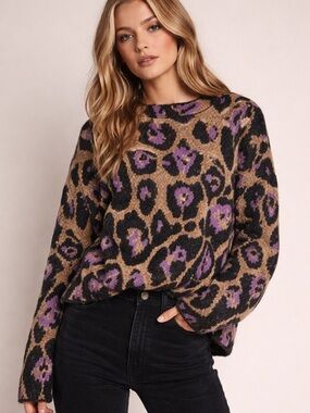 Cozy Leopard-Print Cowlneck Sweater in Brown & Purple